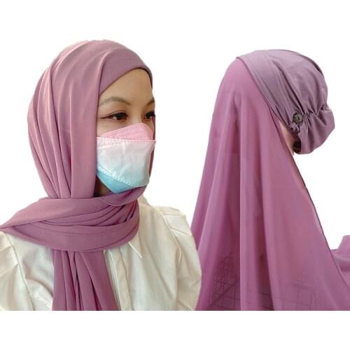 2021 Instant Hijabs Women Bonnet With Chiffon Shawl With buttons Easy to Wear masks Stretch Hijab Cover Headwrap