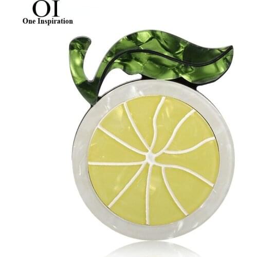 OI Acrylic Orange Lemon With Green Leaves Brooches Pins Women Kids Handmade Fruit Style Brooch Hats Dress Badges Scarf Accessory