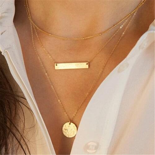 Apparel & Accessories Geometric Round Metal Sequins Multi Layer Double Chain za Necklace Gold Jewelry