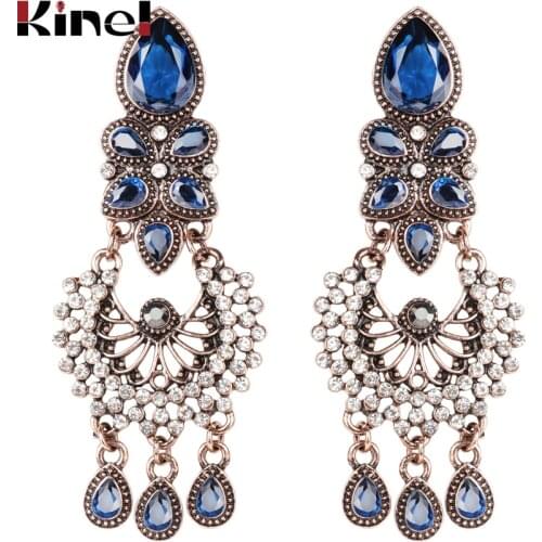 Kinel Exaggerated Big Earrings Ethnic Style Indian Jewelry Antique Cold Blue Crystal Flower Vintage Wedding Earring For Women