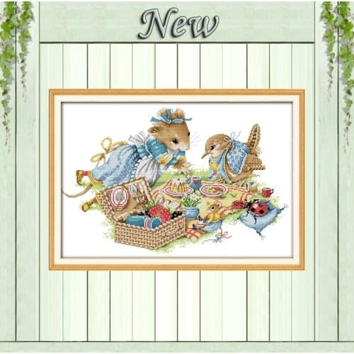 Birthday party mouse bird painting counted print on the canvas DMC 14CT11CT Cross Stitch chinese Needlework kits Embroidery Sets