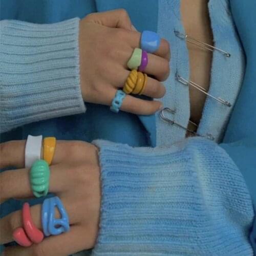 AOMU Korea Summer Fashion Colorful Metal Geometric Round Ring Set Irregular Open Rings for Women Party Wedding Jewelry Ring Set