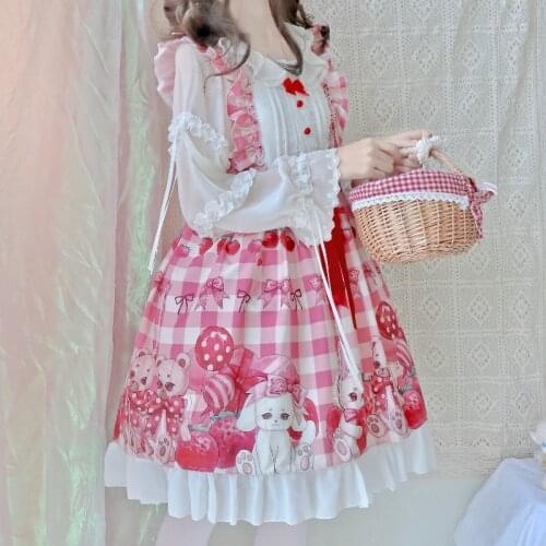 "Strawberry Bear"Sweet Womens Lolita JSK Dress Suspender Dress Sleeveless Ruffles Trim One Piece Dress Original Design