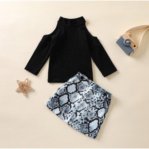 Fashion 2021 Toddler Girl’s Outfits 2PCS Outfits Suit Turtleneck Solid Color Cold Shoulder T-shirt+Snake Pattern Short Skirt Set