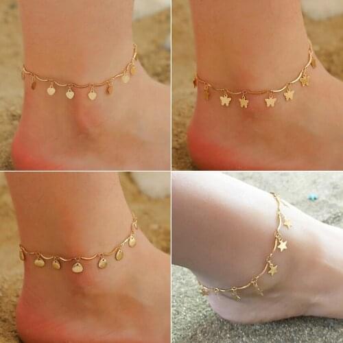 Fashion Anklet Heart Butterfly Shell Star pendant Gold color Silver color Plated metal Chain for Women Girls Accessory