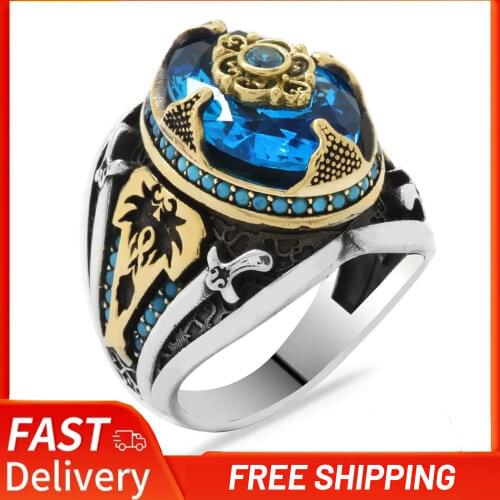 Sword Themed Facet Cut Aqua Blue Zircon Stone 925 Sterling Silver Man Vintage Casual Ring Size Jewelry Design Quality Best Gift