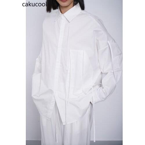 Cakucool Cakucool New Long Sleeve Black Street Fashion Cool Black Shirt Irregular Floating Bandwidth Long Sleeve Lapel Shirt Top