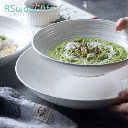 Solid Color Striped Dishware Simple Ceramic Dish Household Salad Deep Round Plate For Kitchen Diner Plate