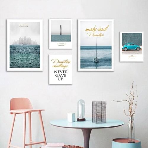 Ocean Sailing Car Landscape Art Poster Nordic Inspirational Quote Sea Print Wall Canvas Painting Picture Modern Home Decoration