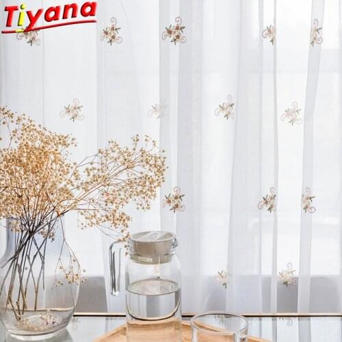 Pink Flower Embroidered Yarn White Lace Floral Tulle Curtains for Living Room Pastoral Voile Elegant Window Screening X-HM093#20
