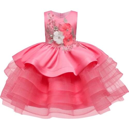 Girls embroidered new fluffy dress baby girl 1 year old birthday wear child girl embroidered mesh baptism dress children dress
