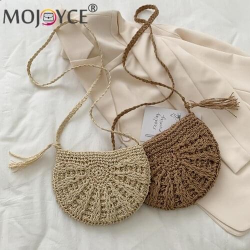 Leisure Straw Rope Handmade Woven Purse Semicircle Summer Vacation Shoulder Crossbody Bag Casual Shouder Bag Beachwear