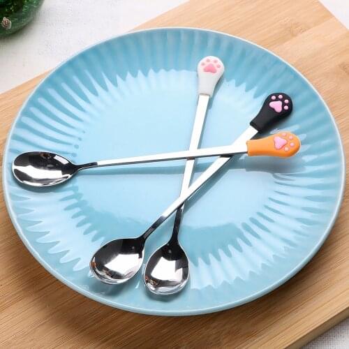 Tableware Candy Tea Drink Coffee Spoons Stainless Steel Cute Cat Claw Fruit Fork Dessert Spoon Kitchen Supplies