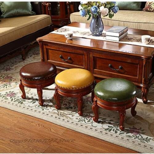 American Round Stool Solid Wood Shoe Stool Living Room Retro Coffee Table Stool Leather Bench European-style Sofa Small Stool
