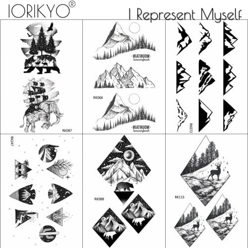 IORIKYO Black Galaxy Mountain Temporary Tattoo Hill Peak Elephant Arm Men Tatoo Sail Elk Fake Body Art Arm Leg Tattoo Stickers