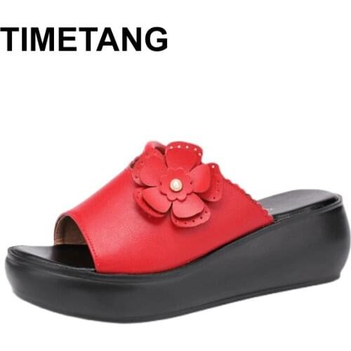 TIMETANGNew Fashion Summer Shoes Big Size Women Slippers Outside Flat Platform Slippers Medium Heels Female Slides Open Toe for
