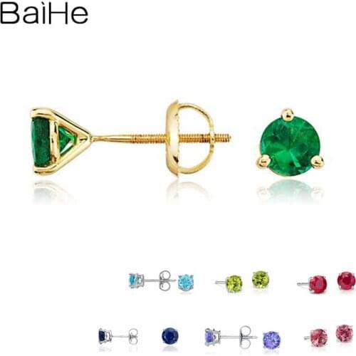 BAIHE Solid 14K Yellow Gold 0.30ct Tsavorite/Tanzania/Ruby/Sapphire/Amethyst/Tourmaline/Blue topaz/Peridot Gem Stud Earrings