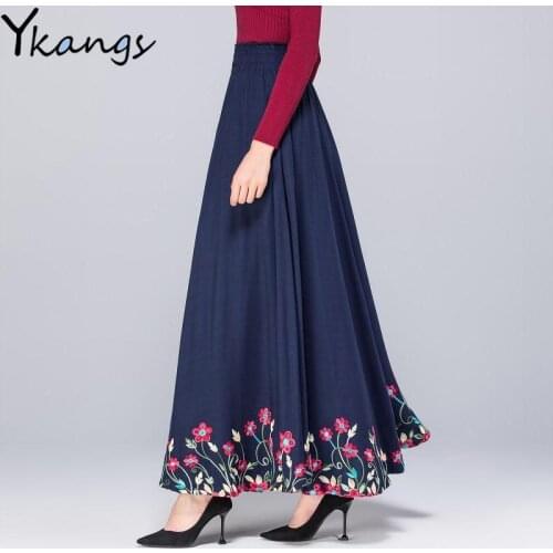 Women Floral Embroidery long Pleated skirt Summer ladies Cotton Linen Maxi skirts spring pockets Elastic high waist A-Line skirt