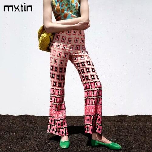 MXTIN 2021 Women Spring Fashion Geometric Print Flare Pants Vintage Zipper Fly Side Pockets Female England Style Trousers Mujer