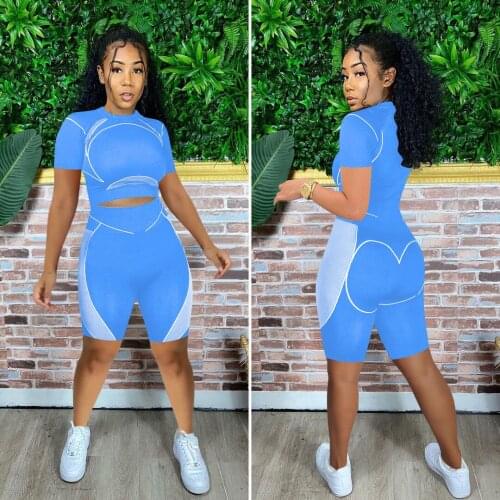 Summer Vacation Outfit 2 Piece Set Short Sleeve T Shirt Top Biker Shorts for Women Striped Tracksuit Sporty Matching Set
