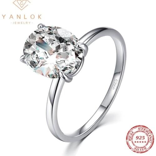YANLOK Real 925 Sterling Silver Exquisite Sparkling Oval Cut Clear Zircon Rings For Women Wedding Engagement Jewelry Anel