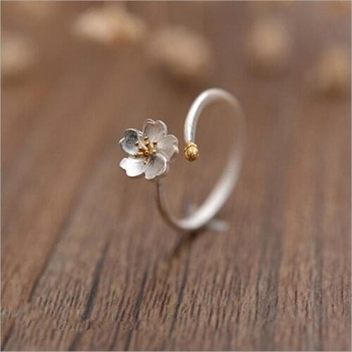 Free shipping Fashion Jewelry Real 925 Sterling Silver Open Ring Sakura Adjustable Flower Ring For Women Gift Jewelry RS033