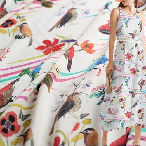 White waxberry16momme birds printed fancy crepe georgette 100% silk summer dress shirt DIY clothes fabrics Freeshipping