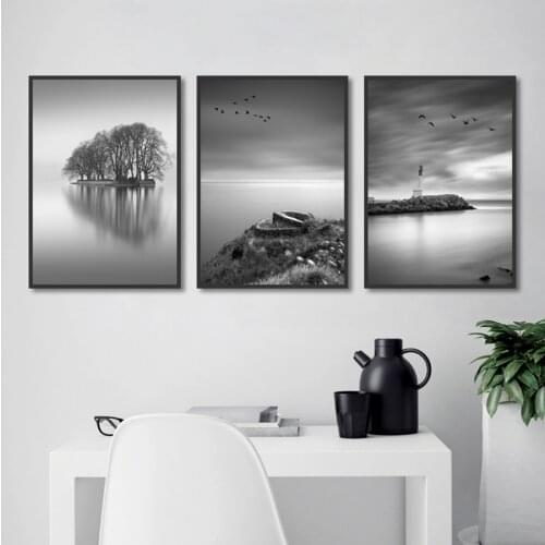 Nordic Landscape Painting Black and White Lake Scenery HD Printed Picture for Living Room Home Decoration Wall Art Poster