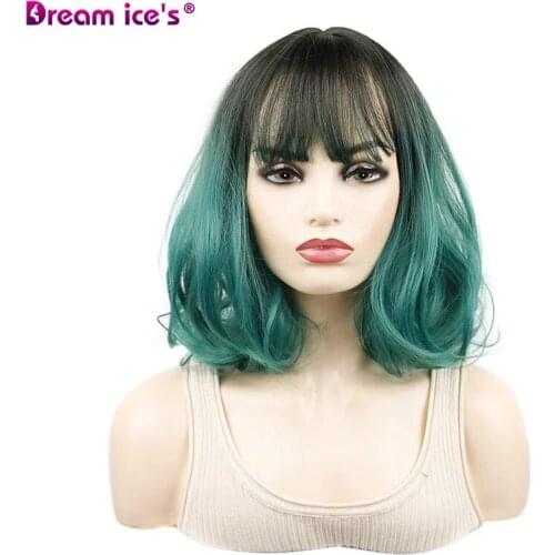 Short Synthetic Wave Wigs for White Green Pink Brown Bob Bangs Wig for Cosplay Party High Temperature Fiber Hair Wig with Bangs