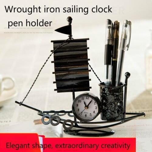 Creative modern iron crafts sailboat clock pencil case office desktop simple decoration ornaments home accessories