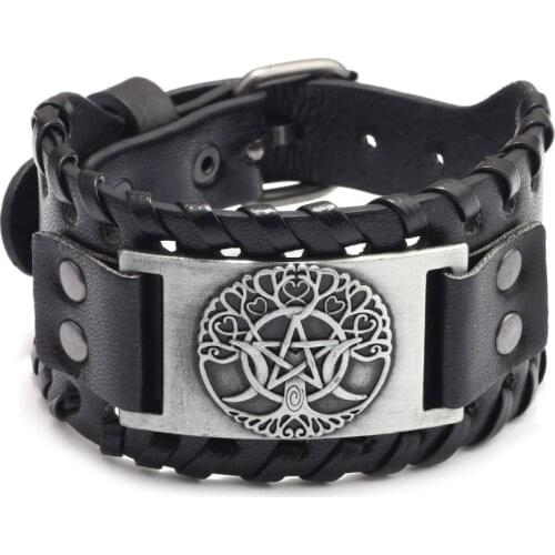 Metal Five-pointed Star Tree of Life Charm Wide Leather Bracelet Men Wristband Viking Cuff Bangle Male Wristband Punk Jewelry
