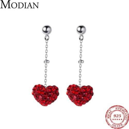 Modian Sparkling Red Crystal Hearts Dangle Earrings 925 Sterling Silver Beads Swing Luxury Drop Earring For Women S925 Jewelry