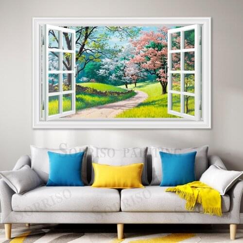 Pink Cherry Blossoms Boulevard Pretend Window 3D Wall Design Art Canvas Painting Pictures Prints Home Living Room Decor Posters