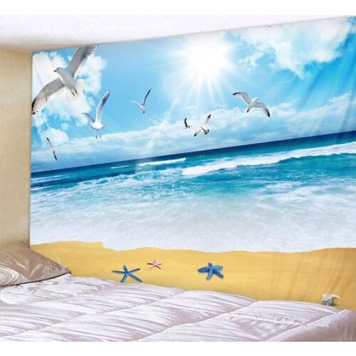 Ocean Seagull Landscape Tapestry Boho Mandala Wall Hanging Royal Blue 3D Hippie Wall Tapestry Home Decor Mint Yoga Mat