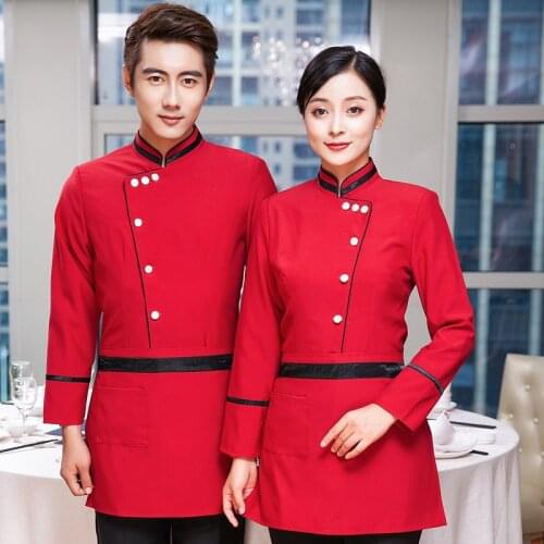 2018 New Clothing Men and Women Long Sleeve Work Shirt+Apron Chinese Restaurant Waiter Uniform Overalls DIY Logo Work Clothing