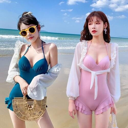 2021 New Female Long Sleeves Swimwear Ruffle One Piece Swimsuit Women Backless Monokini Sexy High cut Bathing Suit Swim Bodysuit