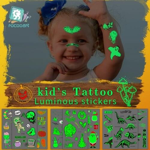 Luminous Tattoo Sticker Cartoon Temporary Fake Tattoos Glow at Night Spaceman Unicorn on Face Arm Leg For Children Body Art Taty