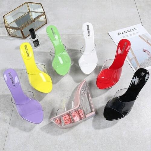 Novelty Flower transparent heels pumps woman talons sexy summer clear wedges ultra-high heels platform shoes women slippers 2021