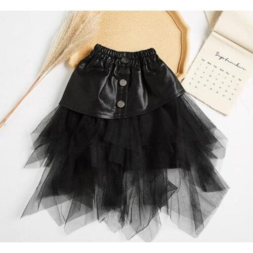 Summer Baby Girls Tutu Skirts Black PU Pleated Fluffy Pettiskirt Kids Princess Evening Party Dance Mesh Skirt New Fashion Street