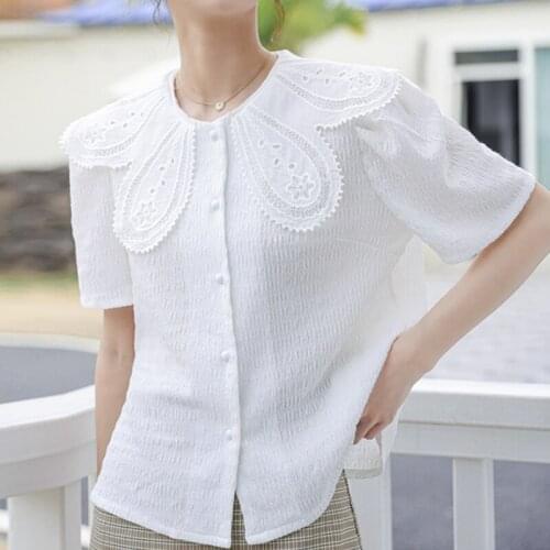 Summer New 2021 Women Shirts with Lace Casual Fashion Women Clothing Embroidered Single Breasted Black White Tops Blusas 14837