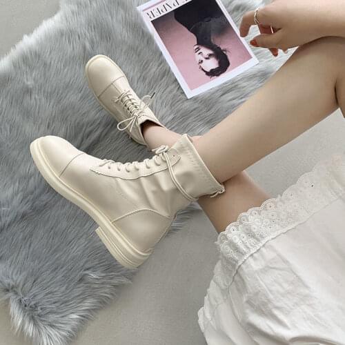 2021 Combat Boots Women White Leather Motorcycle Boots Mid Heeled Gothic Shoes Fashion Black Ankle Boots