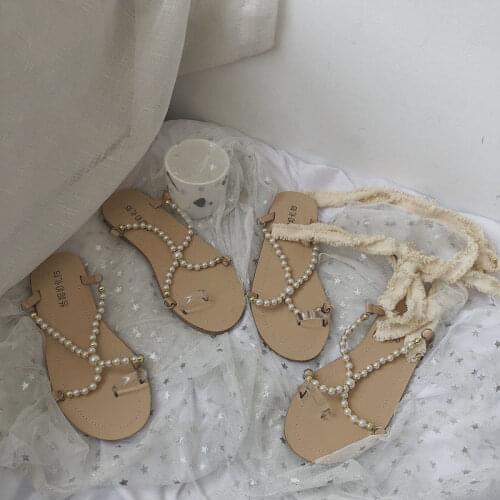 SONDR Women 2021 Summer Sweet New Flat Roman Style Sandals Collocation Fairy Dress Pearl Shoes External Wear Holiday Sandals