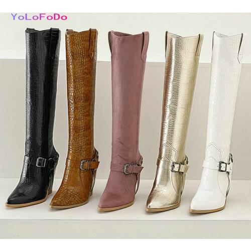 2021 Autumn Winter Women Western Boots Faux Leather High Quality Women Wedges High Heel Boots Pointed Toe Ladies Knee High Boots