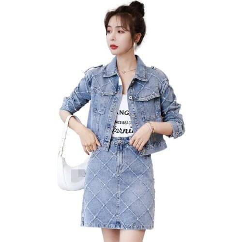 Summer New Lady Elegant Denim Mini Skirt Two Piece Set Streetwear Casual Office Single Breasted Jean Jacket Wrap Skirts Set