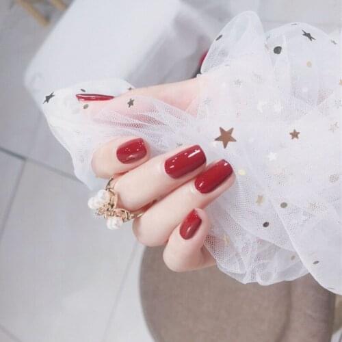 24pcs/set Red false nail tips Square Medium Length Detachable Fake Nail Korean Manicure Artificial Nail Patches With Glue