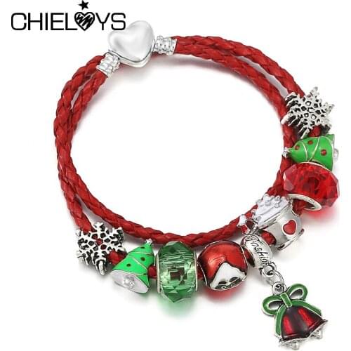 32 Style Xmas Trendy Womans Charm Bracelet With Leather Chain Santa Claus Bells Beads Bracelets For Women Christmas Jewelry