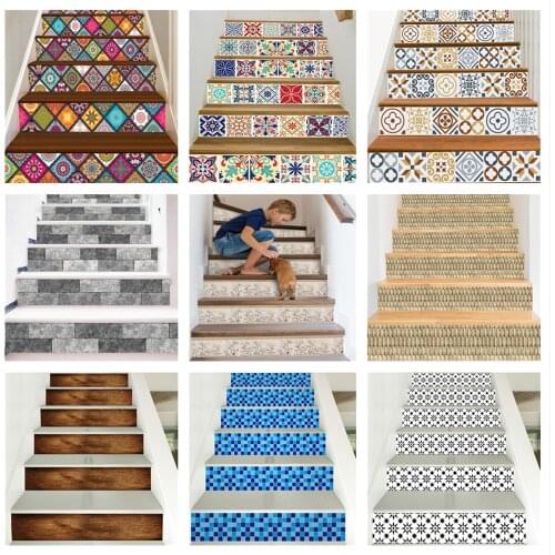 6 / 13PCS Removable Stairs Sticker Step Self-Adhesive Ceramic Tiles PVC Stair Wallpaper Decal Vinyl Stairway Home Decoration