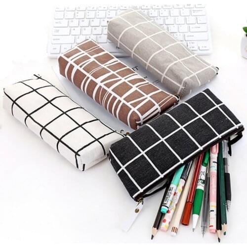 Zipper Pencil Case Bags School Striped Grid Solid Color Pencil Bag Pouch Office Kids Supplies Primary Students Birthday Gift