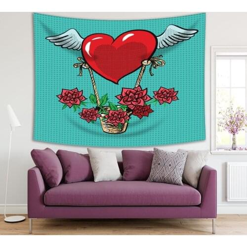 Tapestry Heart with Wings Flying Roses Basket Romantic Fun Pop Art Printed Decorative Red Green Blue