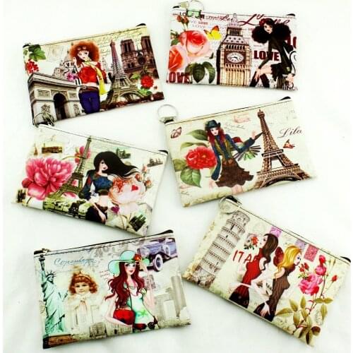 Hot Sell!Eiffel Tower/Big Ben/girl printing Women coin purse,Female clutch change purse,Zipper money/key/phone coin bags pouch